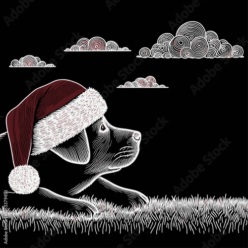 Dog in Red Santa Hat Relaxing on Grass While Gazing at Clouds