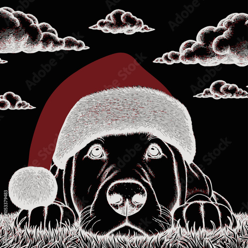 Playful Dog in a Santa Hat Relaxing on Grass While Gazing at Clouds