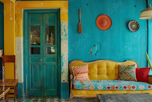 Wallpaper Mural Bold teal interior door in a vibrant eclectic room, colorful patterns, unique furniture, artistic decor Torontodigital.ca