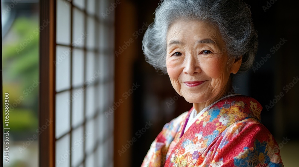 Elderly Japanese woman with a kimono and a kind smile. Elderly Japanese woman with a kimono and a kind smile.