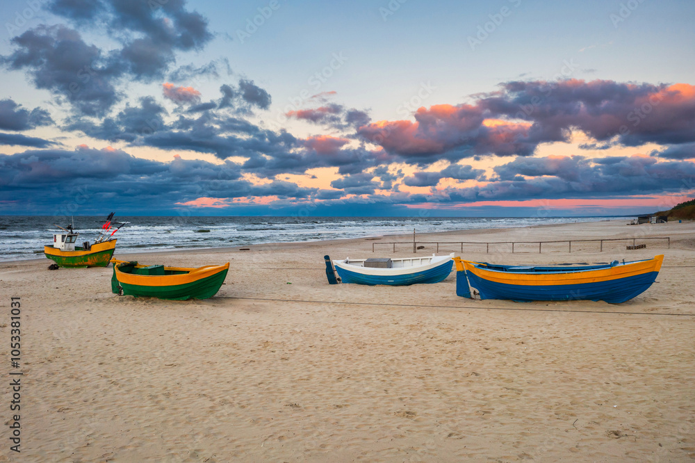 Fototapeta premium Baltic Sea beach in Jantar at sunset. Poland