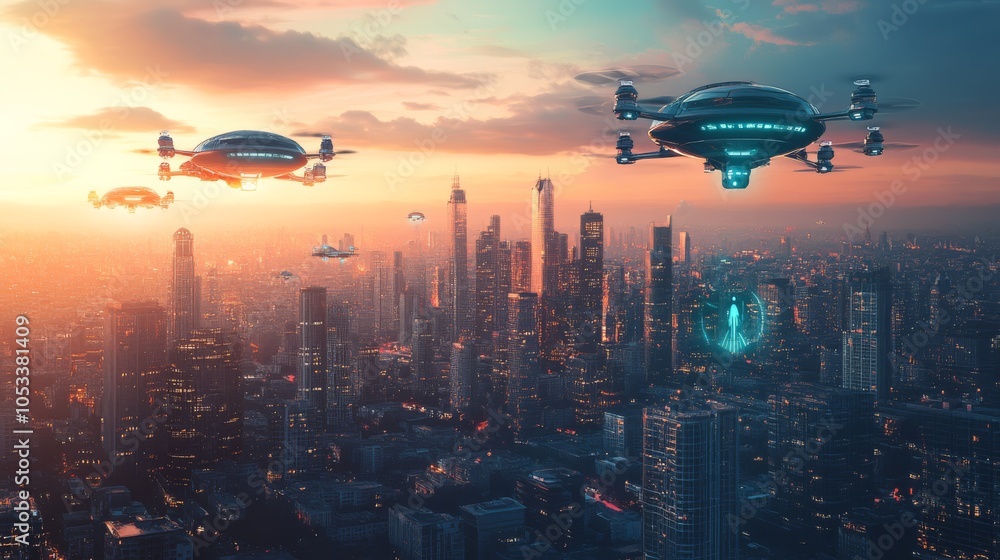 Futuristic Cityscape: A breathtaking aerial view of a futuristic city skyline illuminated by a vibrant sunset, featuring a fleet of sleek, futuristic drones soaring through the air. Futuristic Cityscape: A breathtaking aerial view of a futuristic city skyline illuminated by a vibrant sunset, featuring a fleet of sleek, futuristic drones soaring through the air.