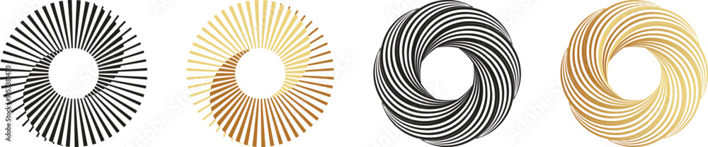 Collection of black and gold colour circle design elements. Halftone dots in circle shape. Round logo. Round dot frame. Vector illustration Collection of black and gold colour circle design elements. Halftone dots in circle shape. Round logo. Round dot frame. Vector illustration
