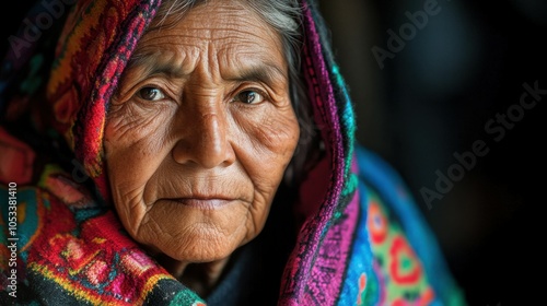 Elderly Mexican woman with a colorful shawl photo