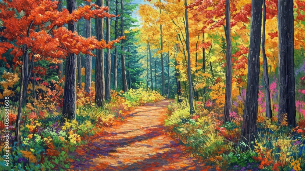 Obraz premium Forest trail with vibrant foliage