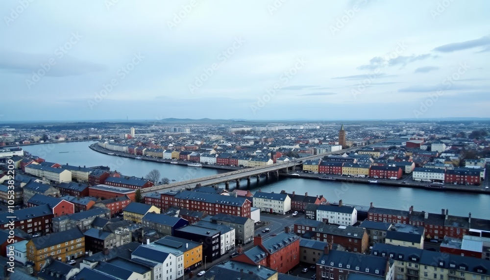 Naklejka premium Vibrant cityscape with river and bridge perfect for travel or urban lifestyle content