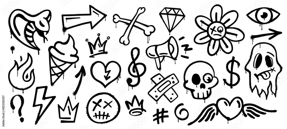 Fototapeta premium Grunge graffiti ink spray, street art paints. Vector hand drawn spray paint arrow, skull and dead smile emoji, crown, ghost and heart. Ice cream cone, lightning, eye and flower emoticon ink drawings