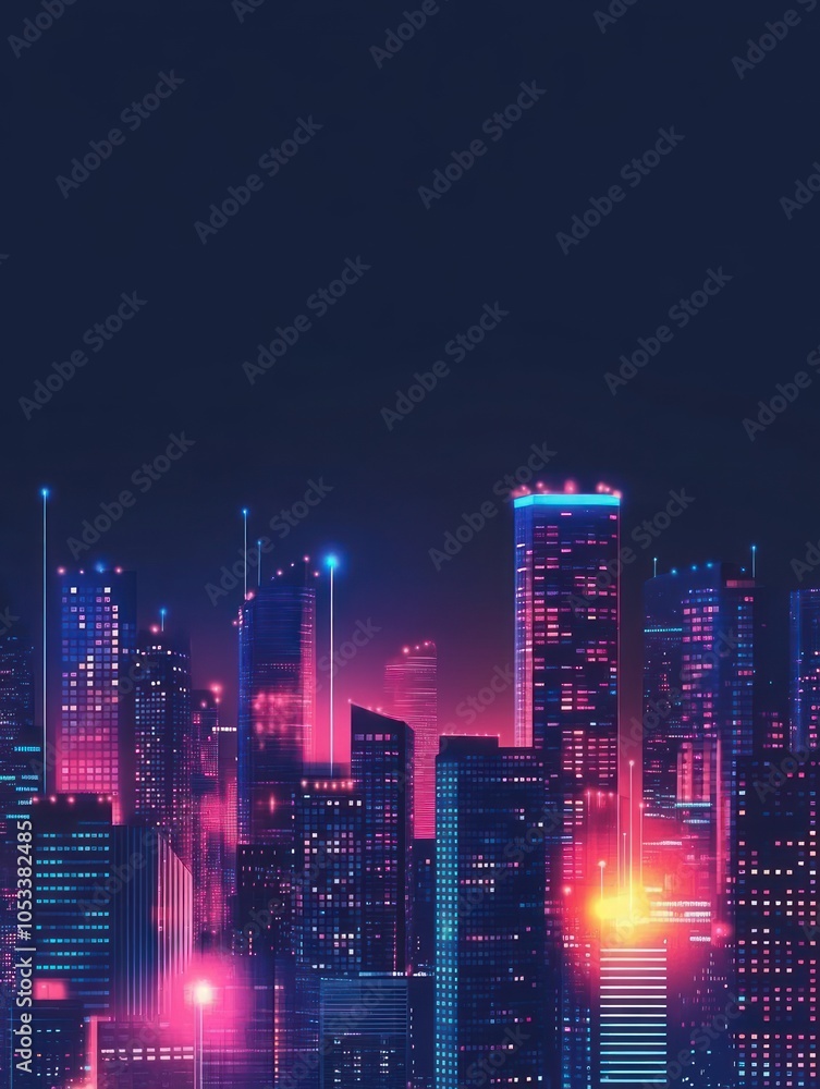 Fototapeta premium A vibrant city skyline illuminated by neon lights at night, conveying a futuristic atmosphere.