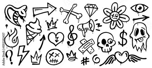 Grunge graffiti ink spray, street art paints. Vector hand drawn spray paint arrow, skull and dead smile emoji, crown, ghost and heart. Ice cream cone, lightning, eye and flower emoticon ink drawings