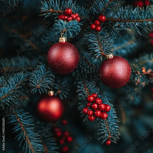 Fir tree branches with red Christmas balls frame