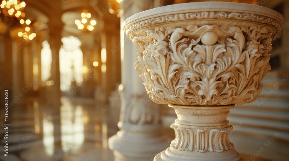Ivory pedestal with ornate carvings, illuminated by soft, golden lighting. Ivory pedestal with ornate carvings, illuminated by soft, golden lighting.