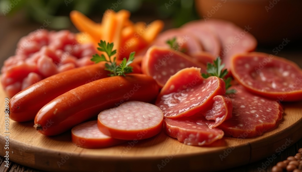 Delicious assortment of meats and vegetables on a wooden platter Delicious assortment of meats and vegetables on a wooden platter
