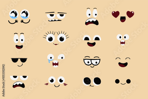 Face emotions, comic expressions, cute crazy eyes collection isolated. Doodle smiley mood comic design elements. Emotional comic face with eyes, mouths, tongue and teeth.