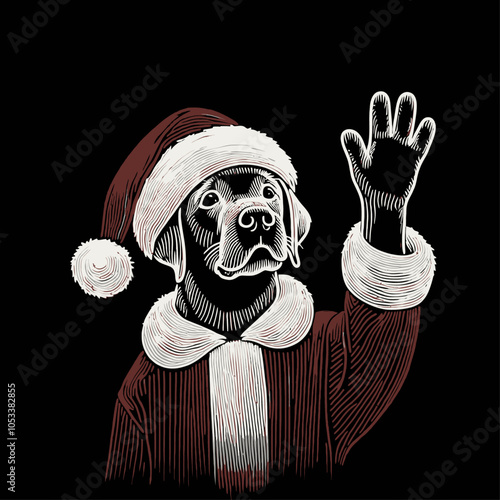 Adorable Dog in Red Santa Claus Costume Waving Hand to Spread Holiday Cheer