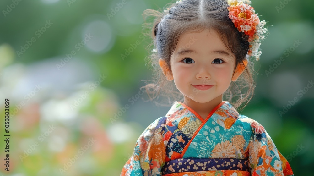 Japanese child with a colorful kimono, looking joyful Japanese child with a colorful kimono, looking joyful