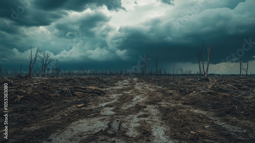A photograph of a barren landscape after a tornado, with nothing but wreckage and devastati
