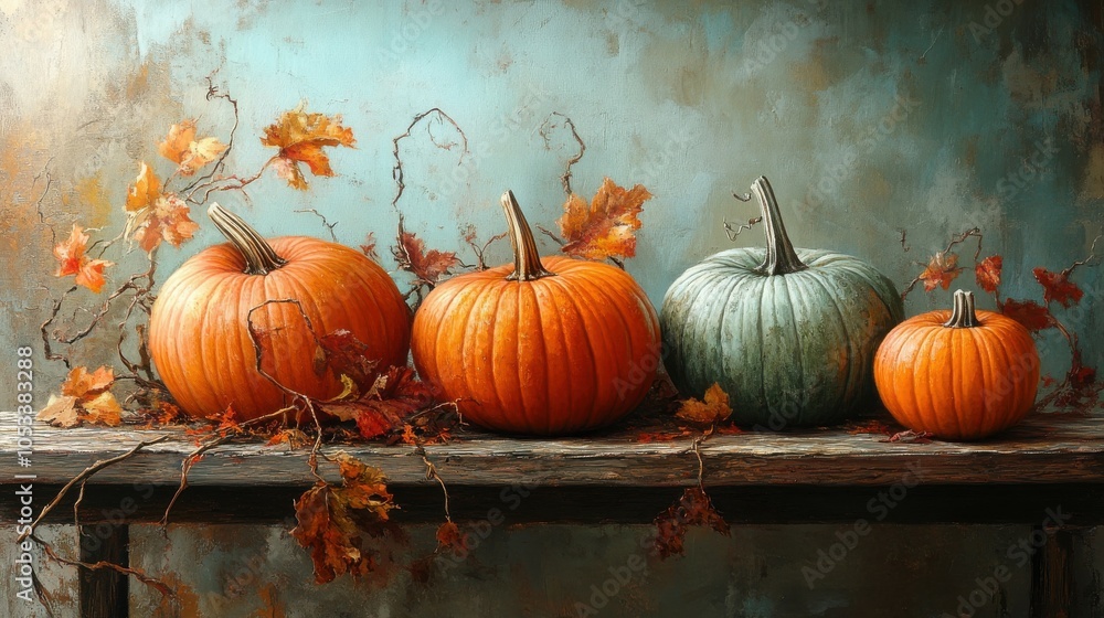 Freshly picked pumpkins on a rustic table Freshly picked pumpkins on a rustic table