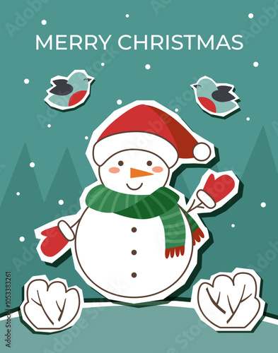 Christmas card. Christmas elements stickers. Snowman in Santa hat. Applique.
