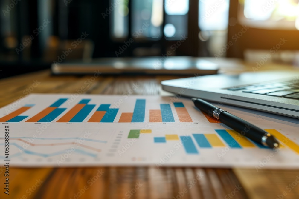 Pen is lying on a chart showing financial data, with a laptop in the background on a wooden desk Pen is lying on a chart showing financial data, with a laptop in the background on a wooden desk