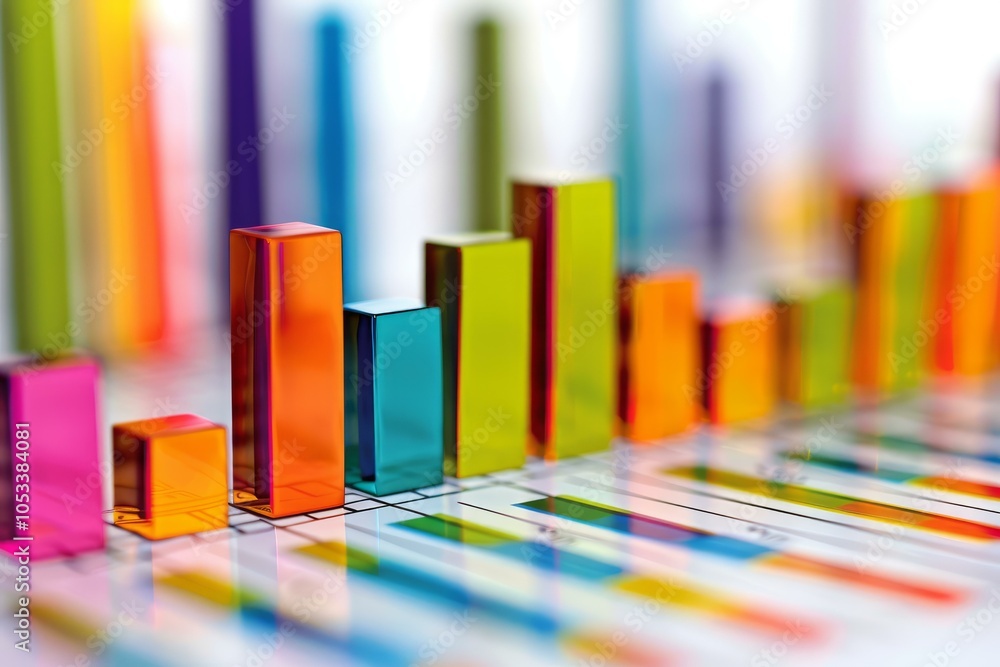 Colorful and reflective bar graph showing upward trend, on a financial report with a shallow depth of field Colorful and reflective bar graph showing upward trend, on a financial report with a shallow depth of field