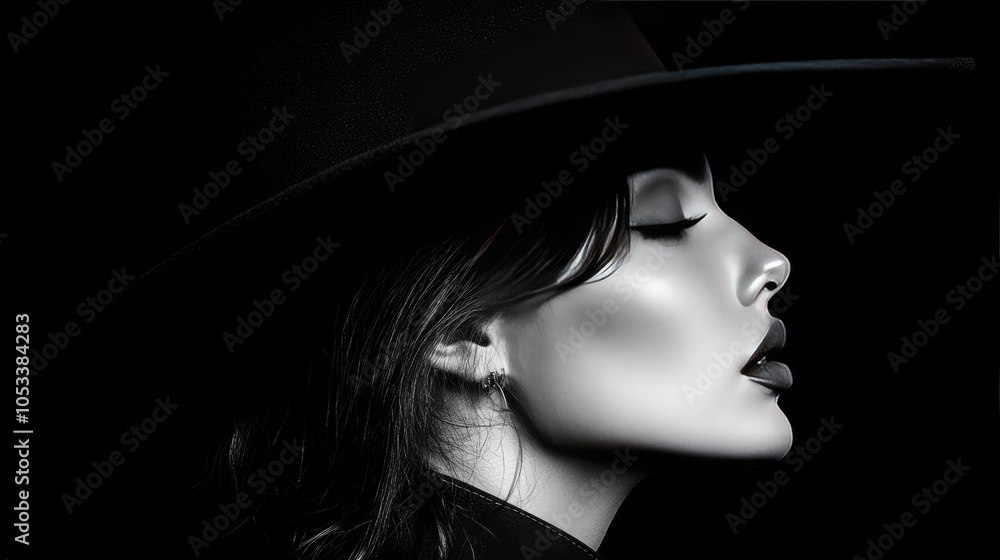 A bold fashion photo of a woman wearing a large black wide-brimmed hat, in monochrome style, high contrast, high resolution, detailed profile portrait, professional studio lighting. A bold fashion photo of a woman wearing a large black wide-brimmed hat, in monochrome style, high contrast, high resolution, detailed profile portrait, professional studio lighting.