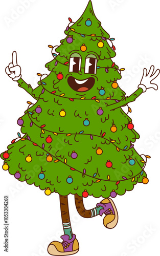 Groovy Christmas pine tree character in retro cartoon for winter holiday, vector emoji. Funny Christmas tree with funky emotion and happy laughing or dancing with decorations and Christmas lights