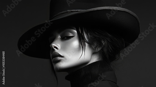 A bold fashion photo of a woman wearing a large black wide-brimmed hat, in monochrome style, high contrast, high resolution, detailed profile portrait, professional studio lighting.