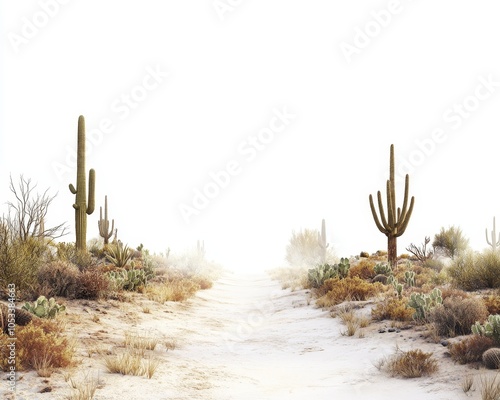 Desert Road with Heat Haze and Cacti, Isolated on White Background, Super Realistic Generative AI photo