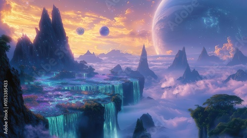 A hyper-realistic depiction of an otherworldly planet that mirrors the iconic beauty and mysticism of Pandora from Avatar This distant celestial body is teeming with vibrant biolum