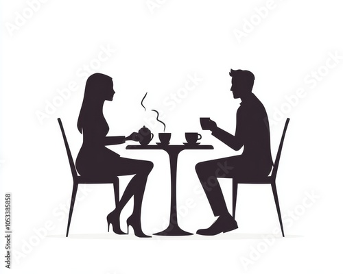 Flat and Black Silhouette of Man and Woman Meeting at a Table with Tea Drinks Generative AI