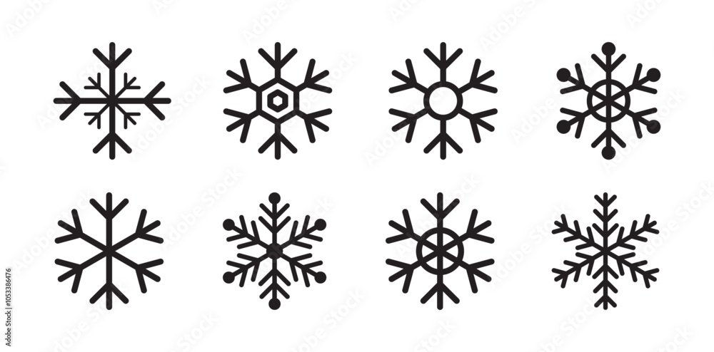 Snowflake set on isolated background. Isolated snowflake collection. Frost background. Christmas icon. Vector snowflakes black and white. Vector illustration of snowflakes of different shapes. Snowflake set on isolated background. Isolated snowflake collection. Frost background. Christmas icon. Vector snowflakes black and white. Vector illustration of snowflakes of different shapes.