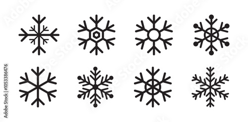 Snowflake set on isolated background. Isolated snowflake collection. Frost background. Christmas icon. Vector snowflakes black and white. Vector illustration of snowflakes of different shapes.