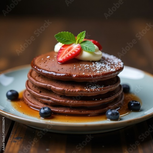 A beautifully arranged stack of chocolate pancakes topped with fresh strawberries, blueberries, and a dollop of cream. Lightly dusted with powdered sugar and drizzled with syrup