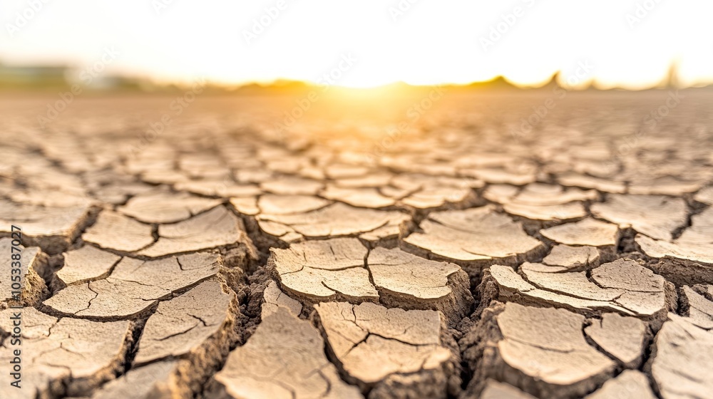 Fototapeta premium Close-up of cracked dry earth under a hot sun, textured arid landscape, concept of drought and climate change, warm golden tones
