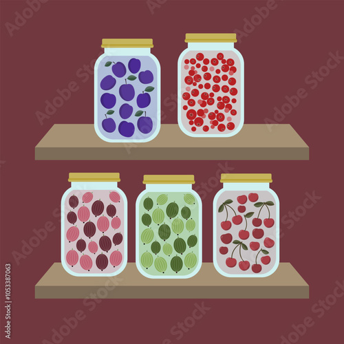 Berry and fruit compote in glass jars, food storage shelves.
