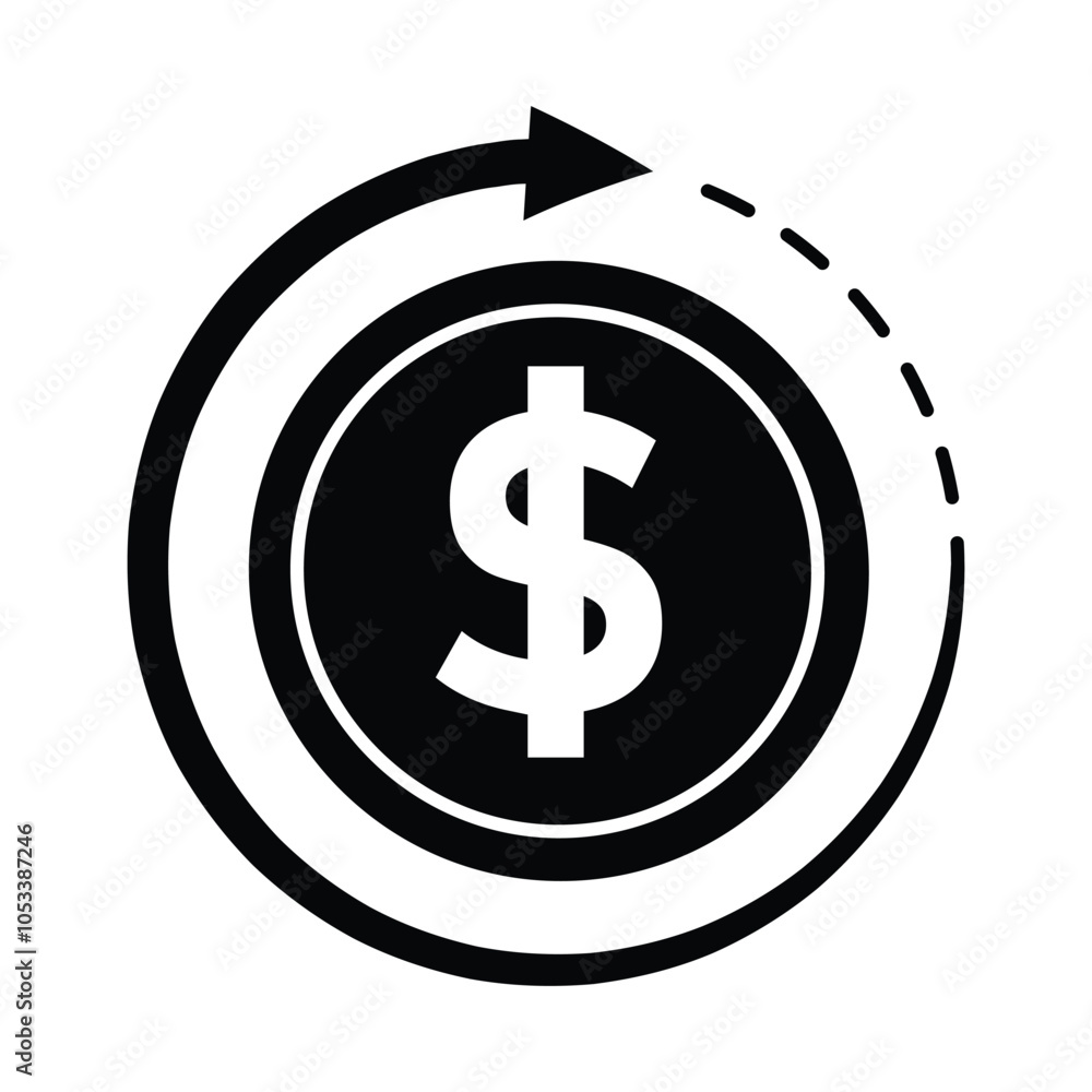 coin icon. money back with dollar symbol, A dollar coin is surrounded by two arrows forming a circle, indicating continuous movement. simple design style. vector template design coin icon. money back with dollar symbol, A dollar coin is surrounded by two arrows forming a circle, indicating continuous movement. simple design style. vector template design
