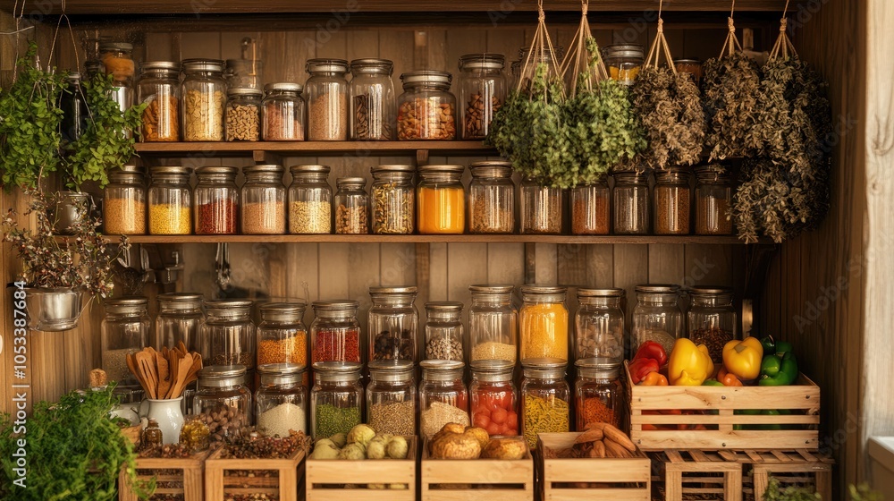 A cozy kitchen pantry filled with rows of glass jars containing various spices and preserves A cozy kitchen pantry filled with rows of glass jars containing various spices and preserves