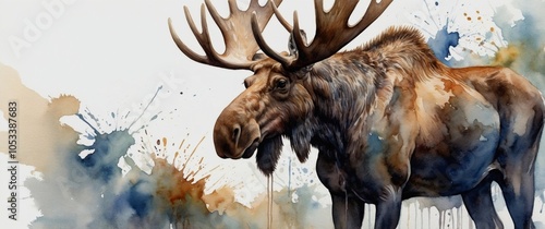Moose Expressive watercolor depiction Showcased on pristine white surface Artistic exploration of nature's diversity Harmonious blend of abstract and naturalistic forms.
