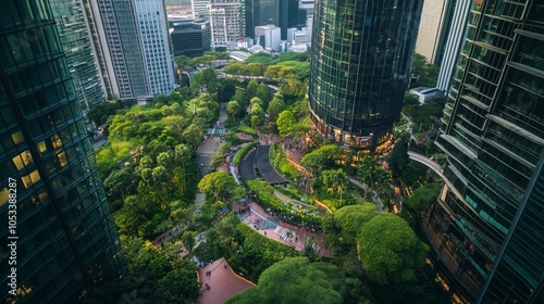 Sustainable urban business district with eco friendly architecture and lush green spaces