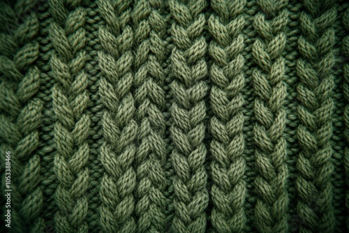 Close-Up of Textured Green Knitted Fabric with Intricate Patterns