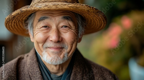 Elderly Japanese man with a traditional hat and a warm smile.