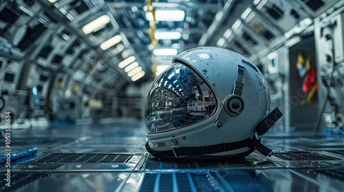 A helmet sitting on the ground of a space station, reflecting the sterile interior lights and equipment in the visor photo