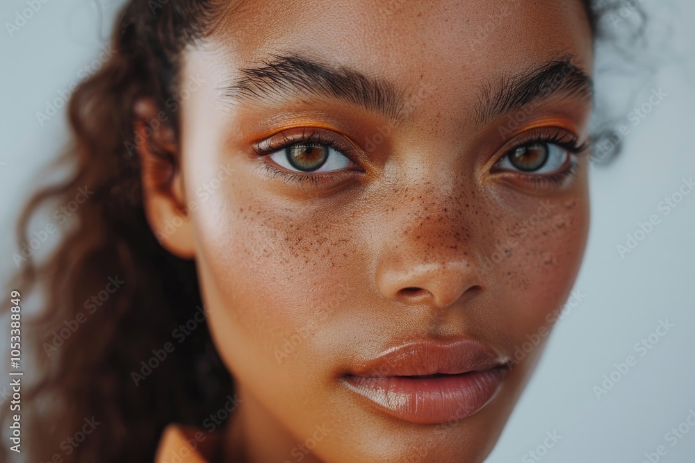 Close-Up Portrait of a Woman with Sunlight and Shadows on Her Face Close-Up Portrait of a Woman with Sunlight and Shadows on Her Face