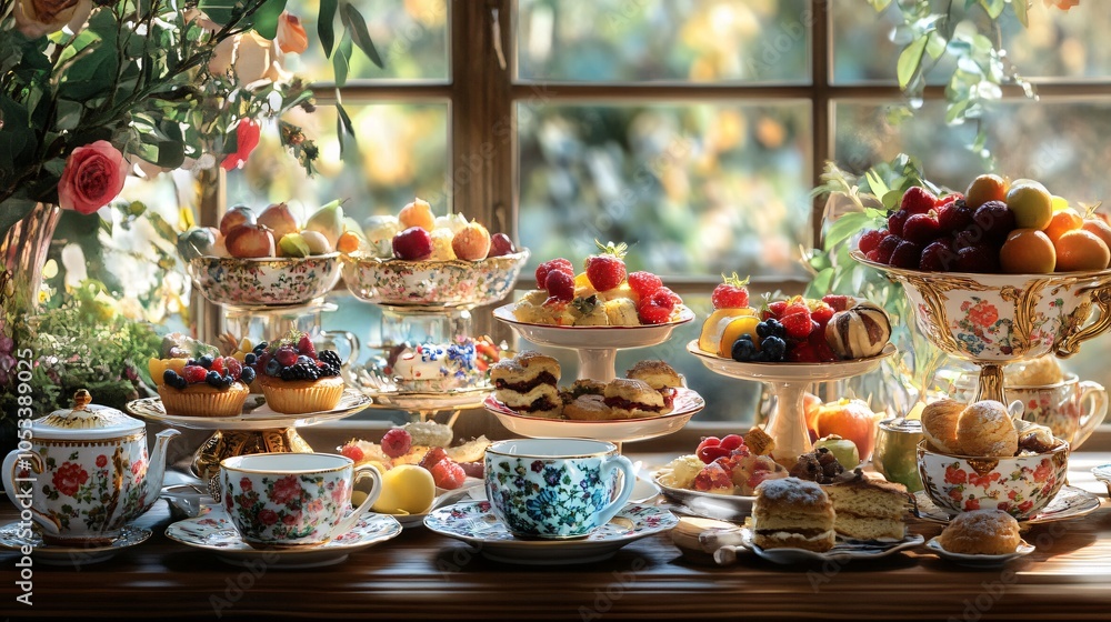 Elegant Afternoon Tea Party with Flowers and Fruit Elegant Afternoon Tea Party with Flowers and Fruit