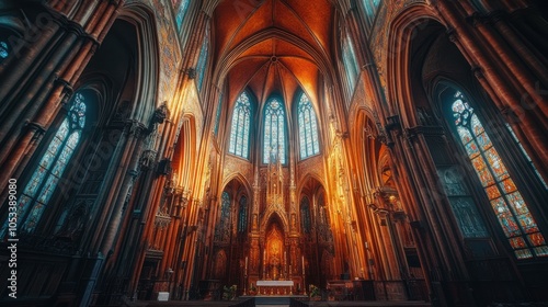 Gothic cathedral with intricate arches and stained glass.