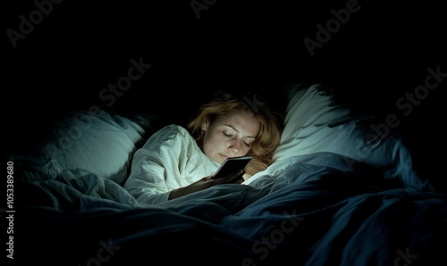 Woman scrolling on smartphone in dark room