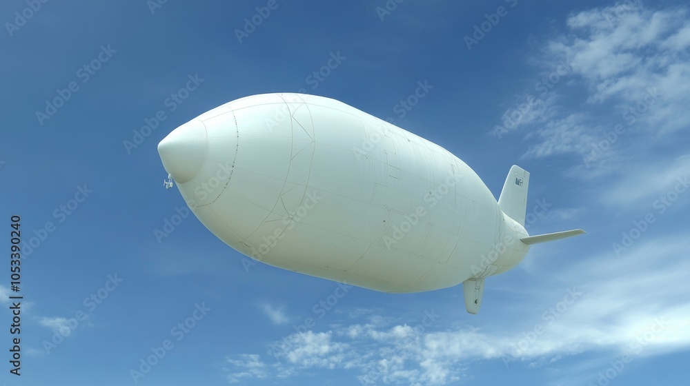 White blimp flying in a blue sky with white clouds. White blimp flying in a blue sky with white clouds.