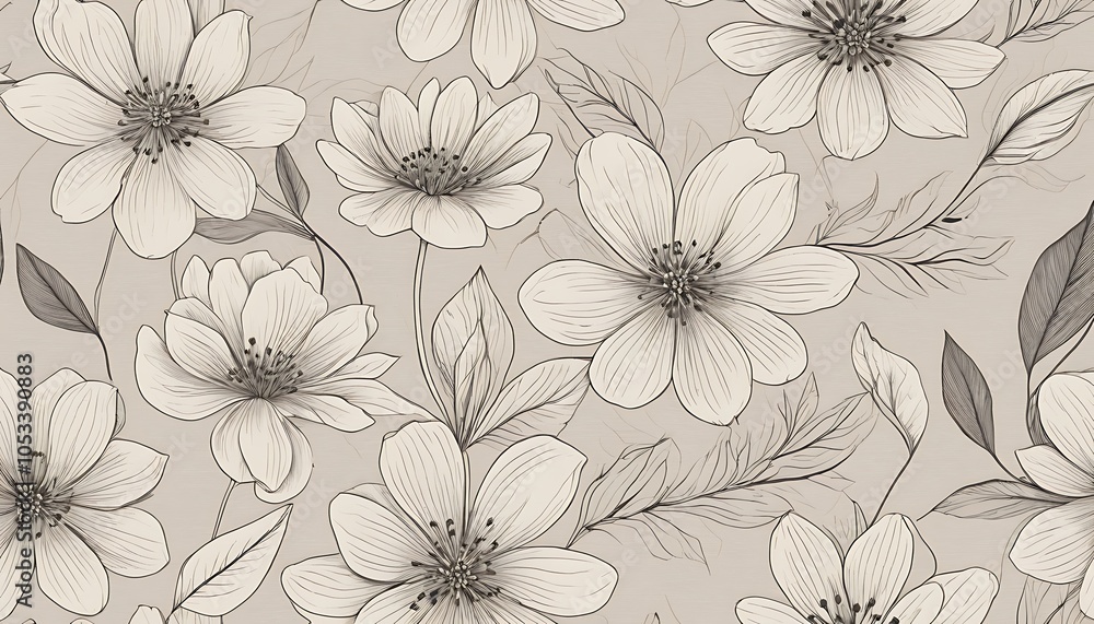 A sketch-style floral pattern with white flowers on a tan background. A sketch-style floral pattern with white flowers on a tan background.