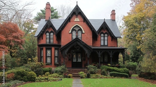 Gothic revival house with pointed arches.