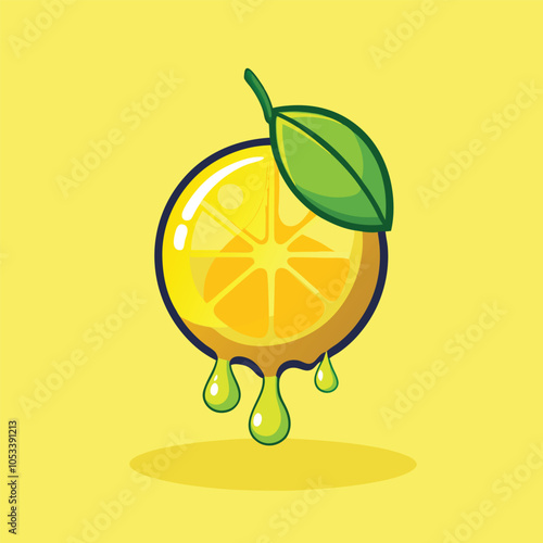A juicy cartoon lemon with a single green leaf, dripping with citrusy goodness.